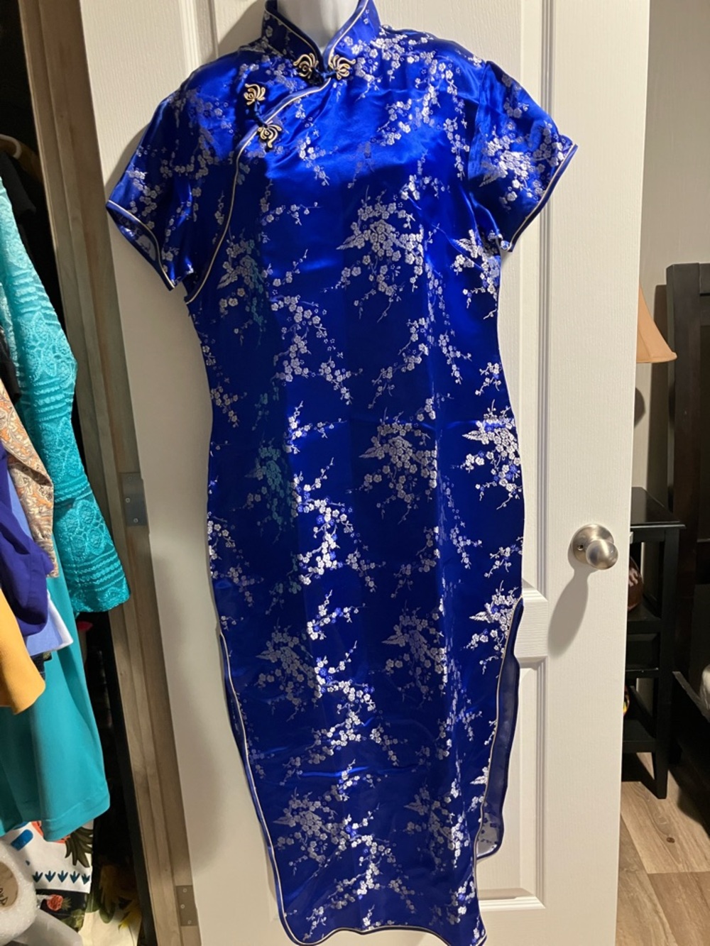 Royal Blue Floral Satin Cheongsam Midi Dress